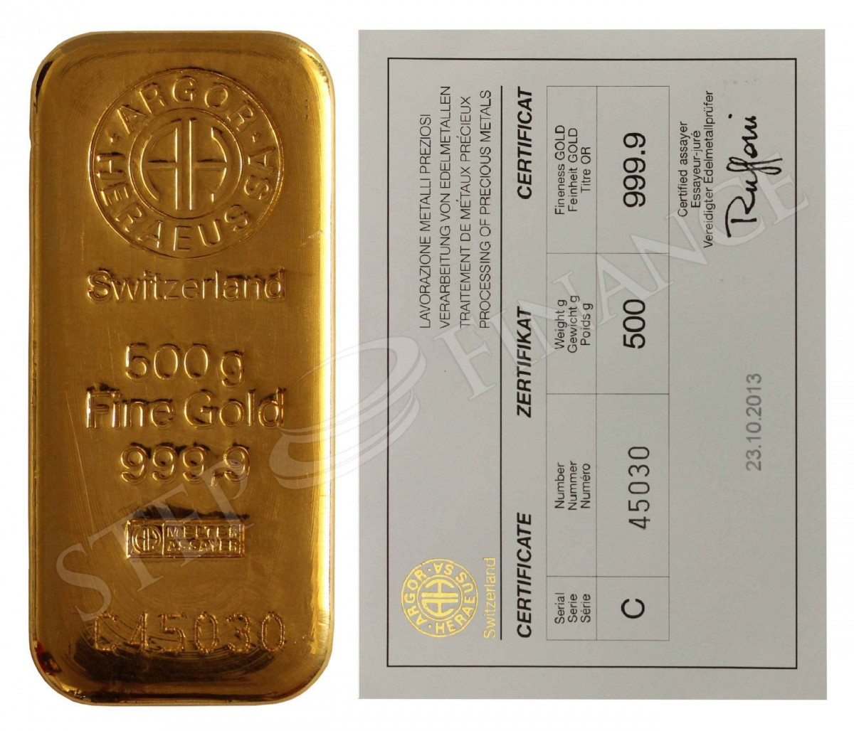 Zlatý investiční slitek 500 g Argor-Heraeus