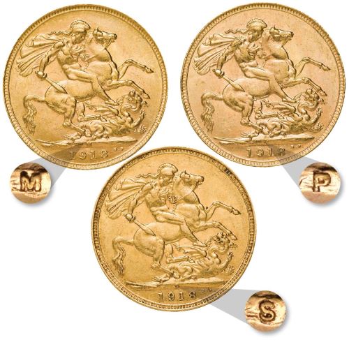 Sada zlatých mincí Sovereign 1918 mincovní trio 2018