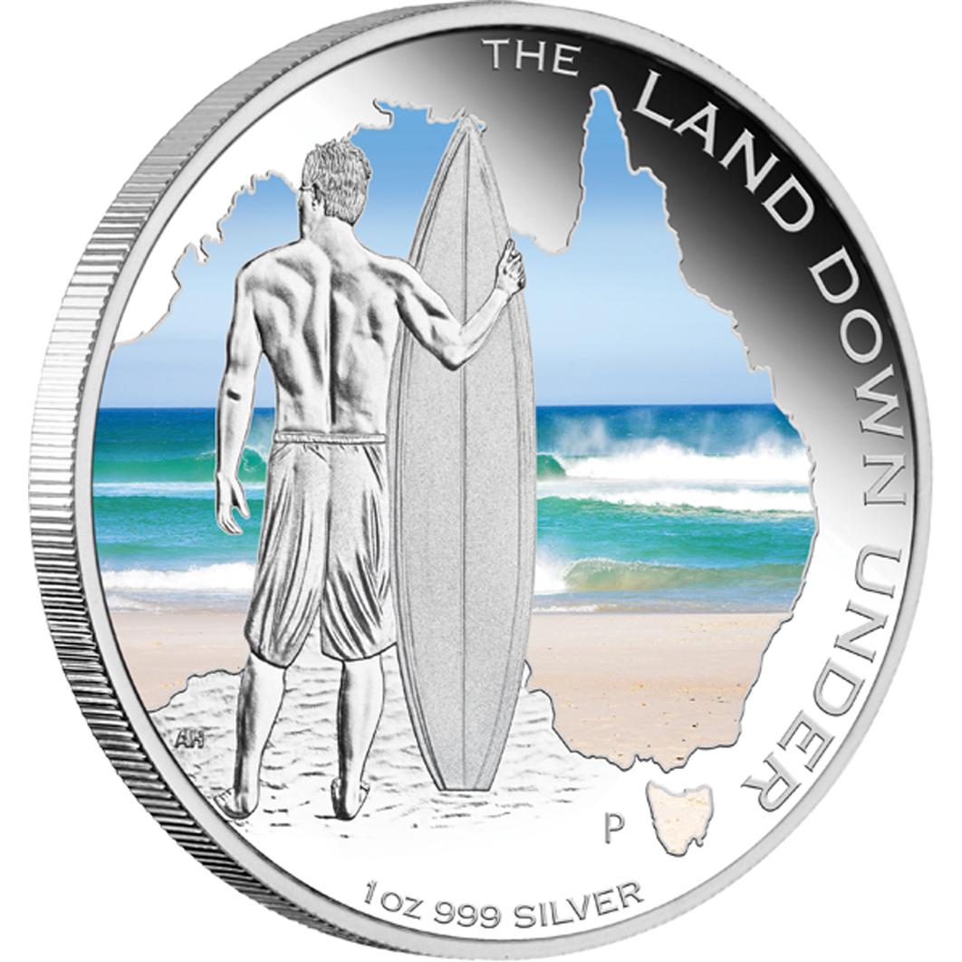 Stříbrná mince Země Protinožců Surfování 1 oz proof 2013