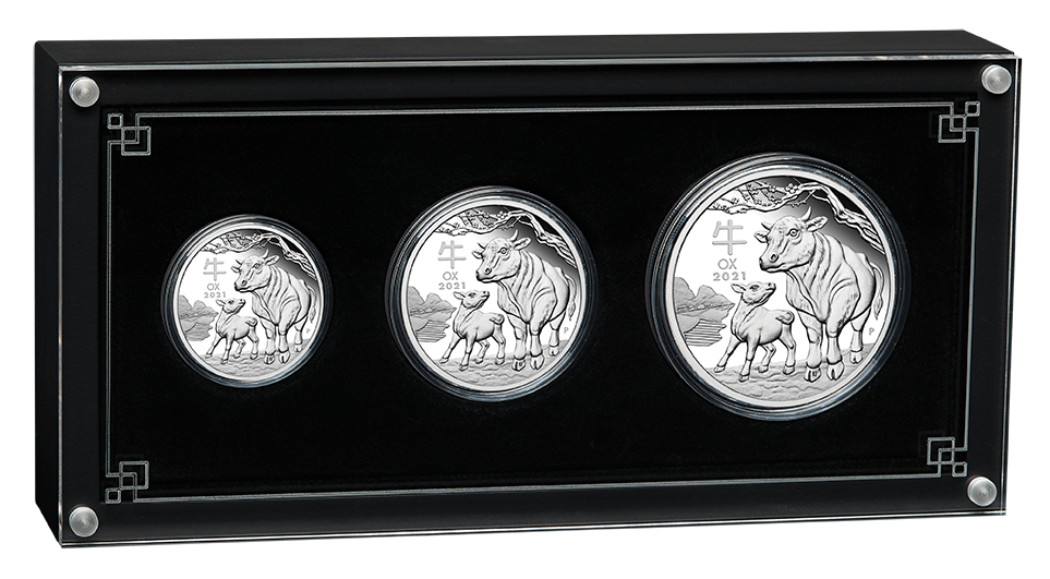 Sada 3 stříbrných mincí Rok Buvola 1/2 oz, 1 oz, 2 oz proof 2021 Lunární série III