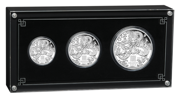 Sada 3 stříbrných mincí Rok Draka 1/2 oz, 1 oz, 2 oz proof 2024 Lunární série III
