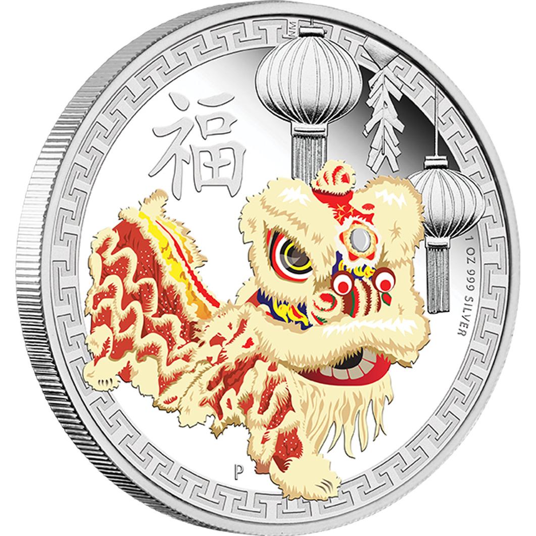 Stříbrná mince Čínský lví tanec 1 oz proof 2015