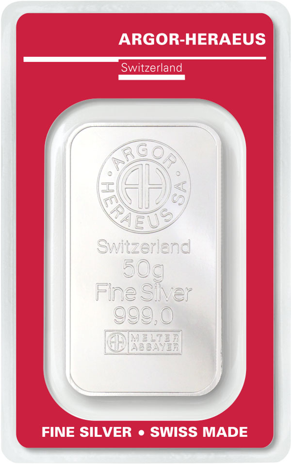 Stříbrný investiční slitek 50 g - Argor-Heraeus