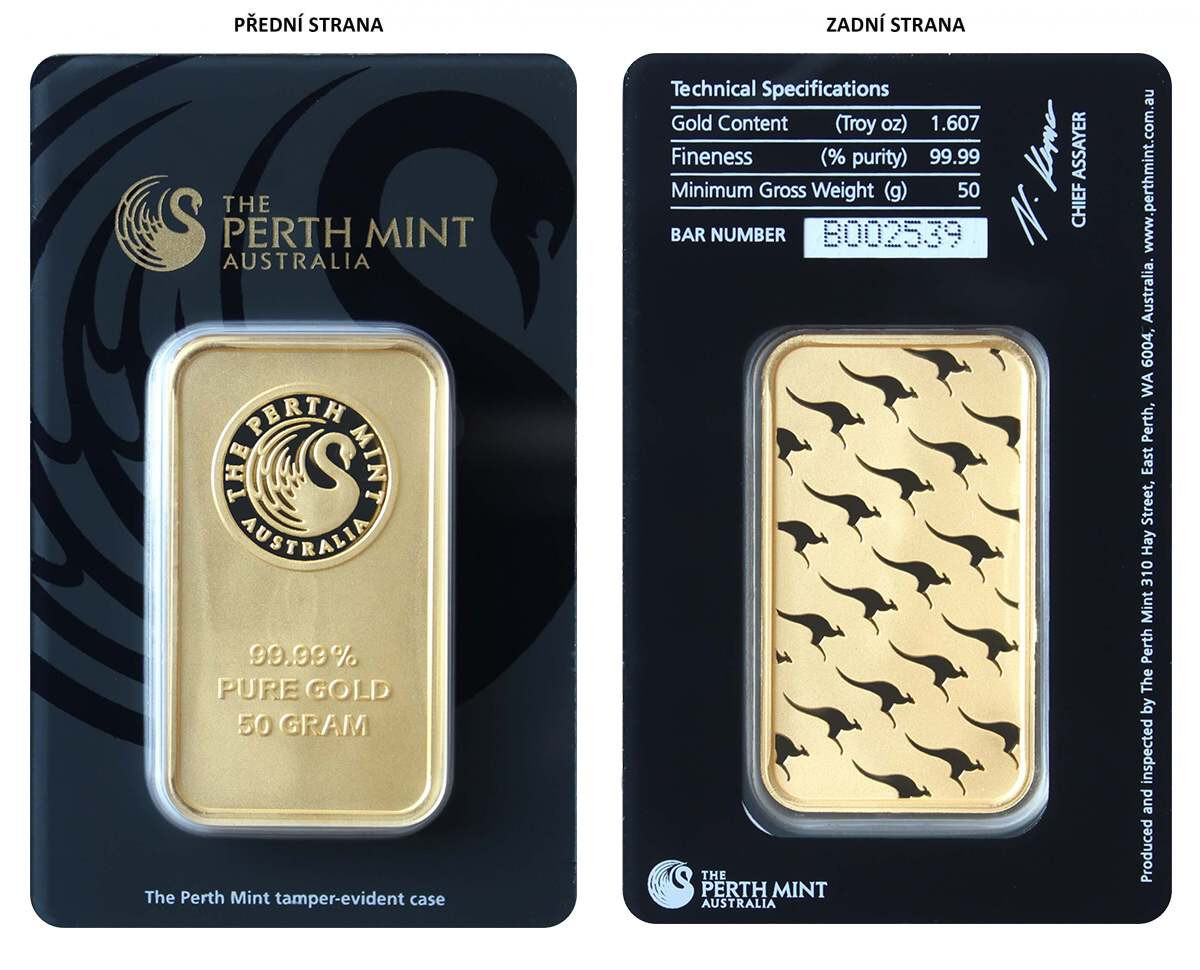 Zlatý investiční slitek 50 g Perth Mint
