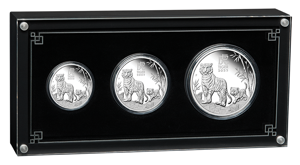 Sada 3 stříbrných mincí Rok Tygra 1/2 oz, 1 oz, 2 oz proof 2022 Lunární série III