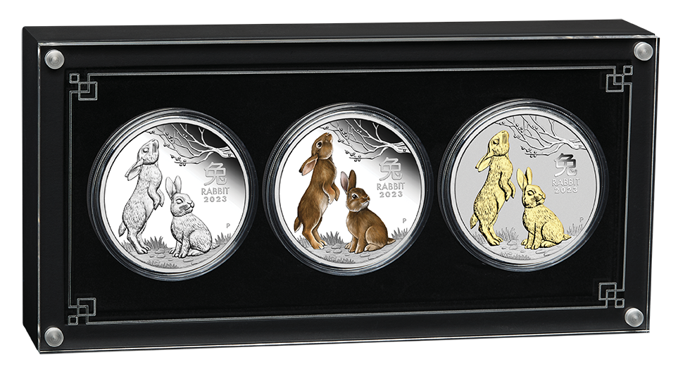 Sada stříbrných mincí Rok Zajíce 3 x 1 oz trio 2023