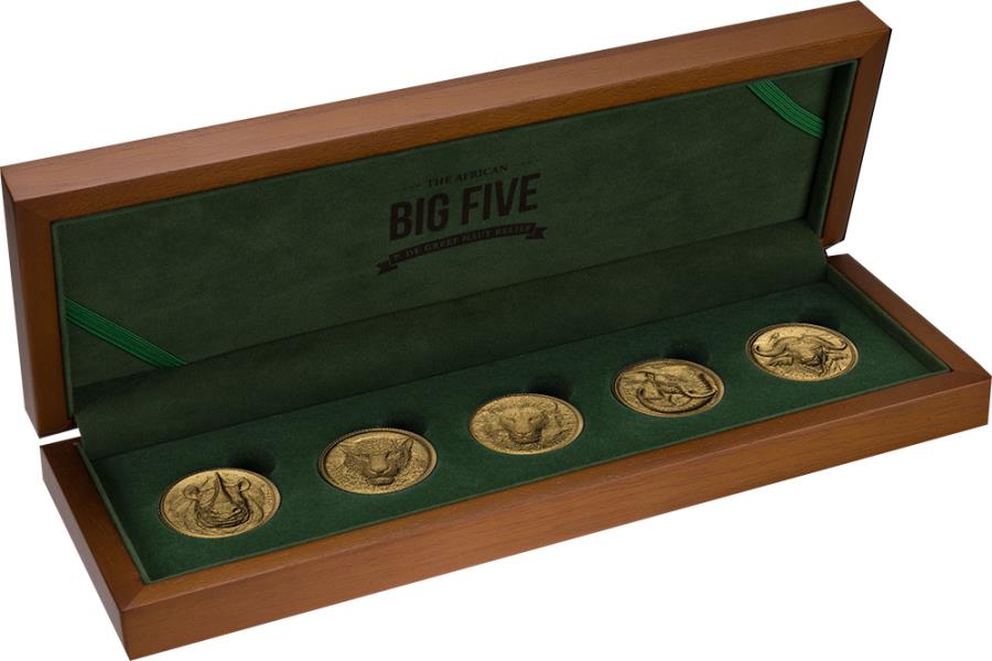 Sada zlatých mincí Big Five Africa 5 x 1 g vysoký reliéf 2022