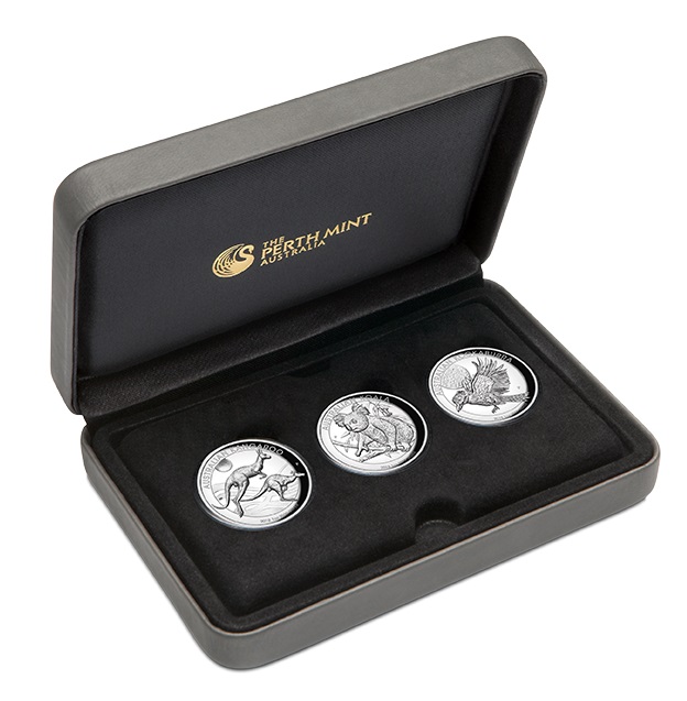 Sada 3 stříbrných mincí Australské trio 3 x 1 oz vysoký reliéf 2018