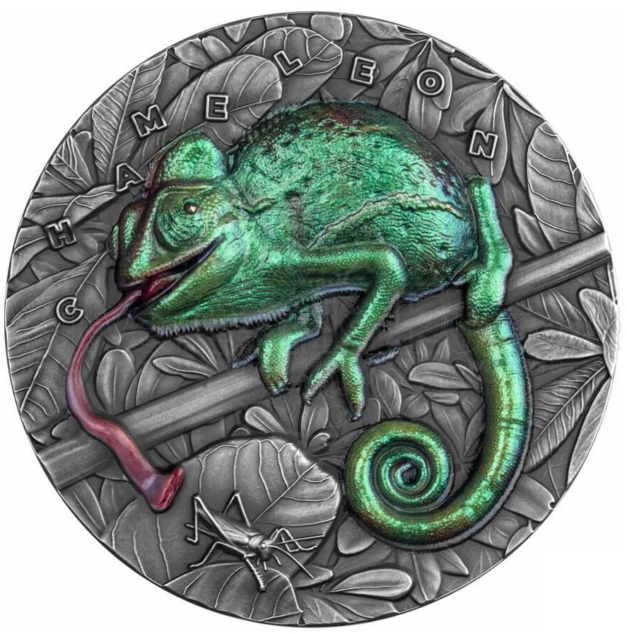 Stříbrná mince Amazing Animals Chameleon 3 oz antique finish 2021