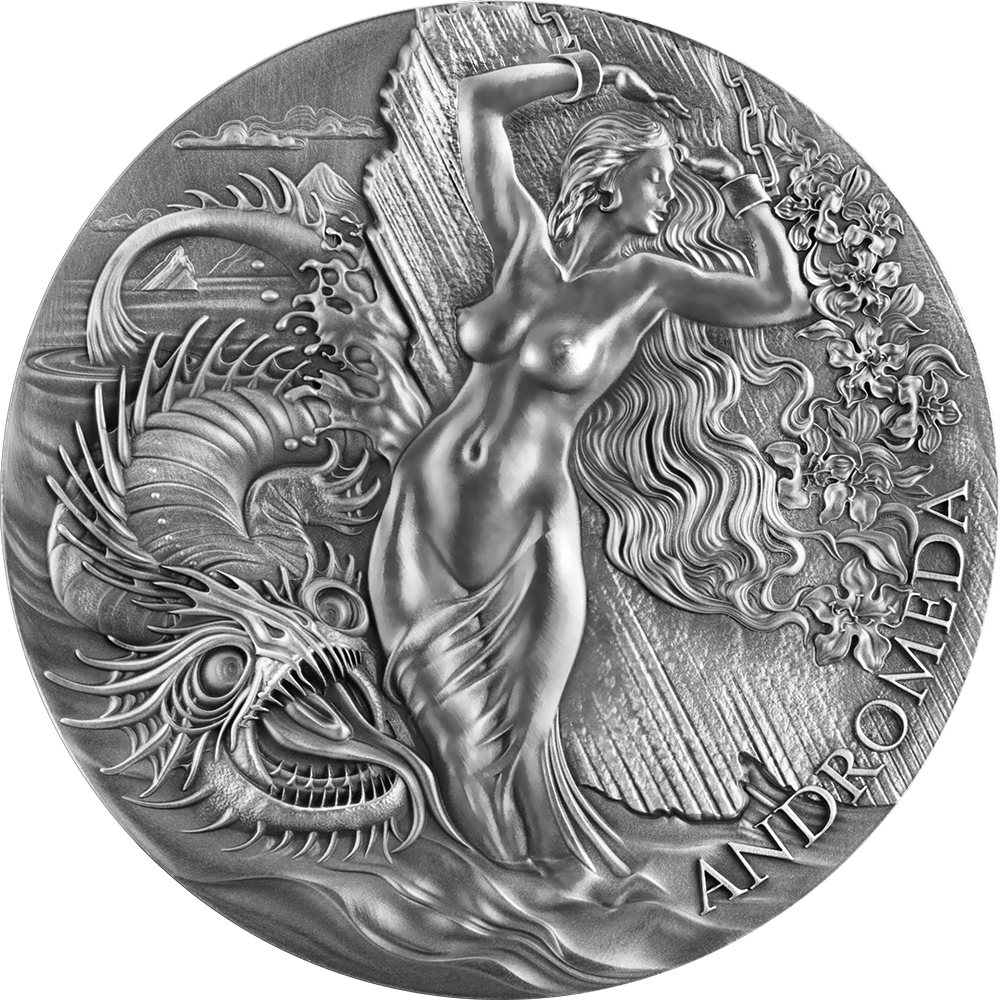 Stříbrná mince Andromeda a mořská příšera 2 oz antique finish 2022