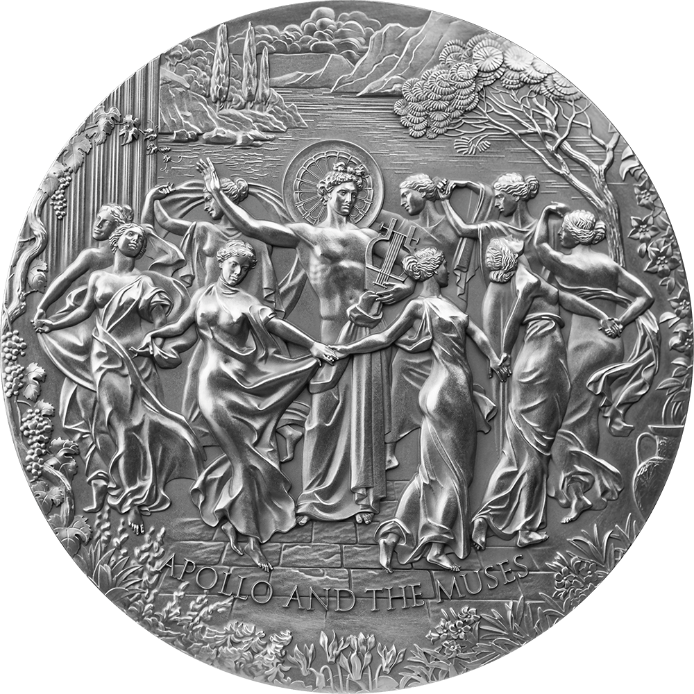 Stříbrná mince Apollón a můzy 5 oz antique finish 2021