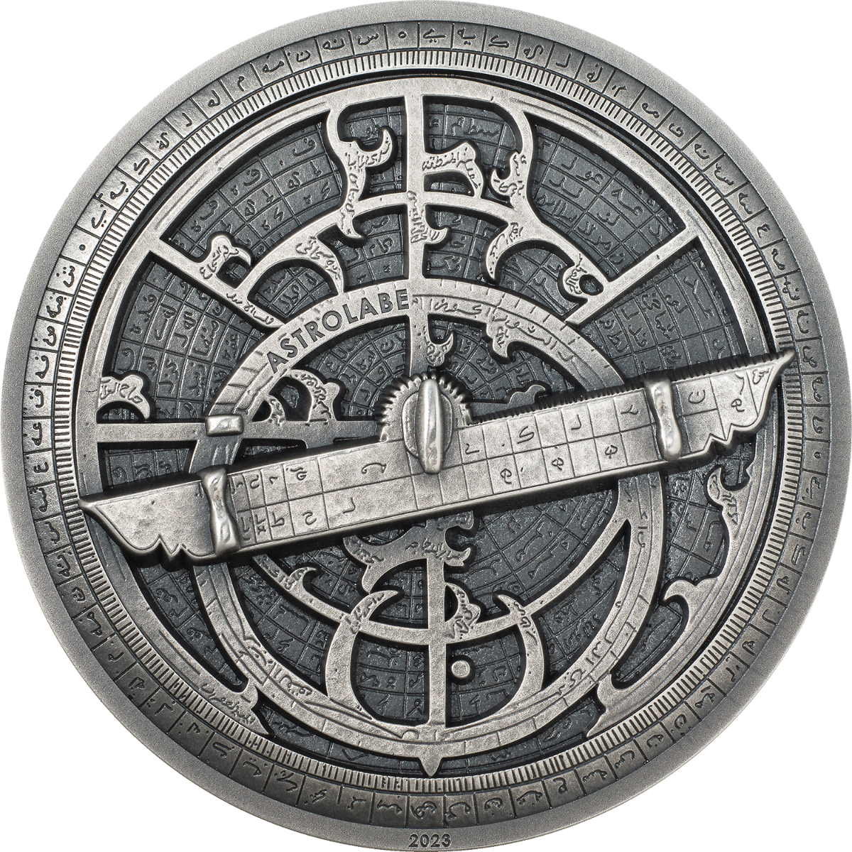 Stříbrná mince Historické přístroje - Astroláb 2 oz vysoký reliéf 2023