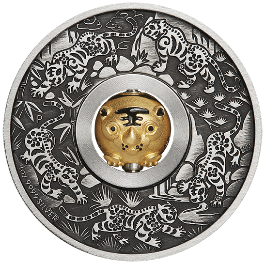 Stříbrná mince Rok Tygra Rotating Charm antique finish 2022
