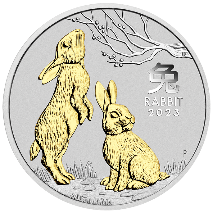 Stříbrná mince Rok Zajíce 2023 1 oz pozlacená (bez krabičky)
