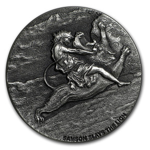 Stříbrná mince Biblická série Samson a lev 2 oz 2019
