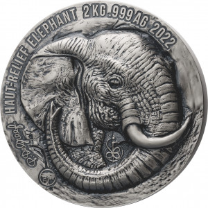 Stříbrná mince Slon 2 kg vysoký reliéf, antique finish