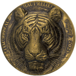 Zlatá mince Big Five Asia - Tygr 1 oz vysoký reliéf, antique finish 2023