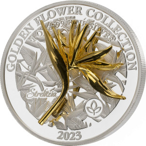 Stříbrná mince Golden Flower - Strelície 1 oz proof, pozlacená 2023