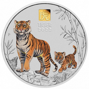 Stříbrná mince Rok Tygra 1 kg se zlatým znakem, kolorovaná 2022