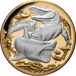 Stříbrná mince Žralok versus krokodýl 5 oz proof pozlacená 2022